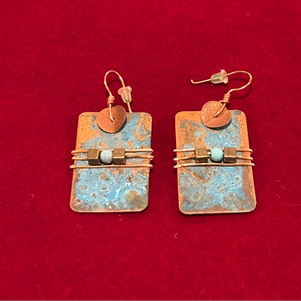 Handcrafted Copper And Blue Rectangular Earrings.… - image 1